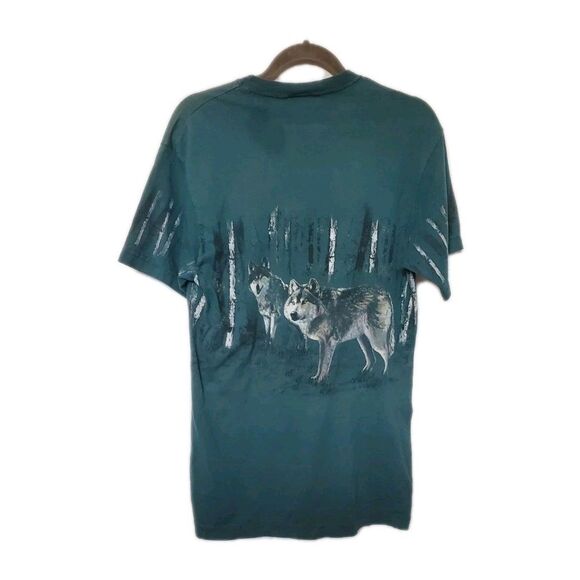 VINTAGE 1990s ART UNLIMITED Med Forest Green Wrap Around Wolf Graphic Tee Shirt - Picture 7 of 7